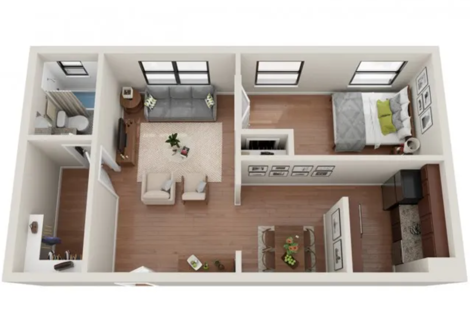 Floor plan for 1 bed, 1 bath, 567 sqft